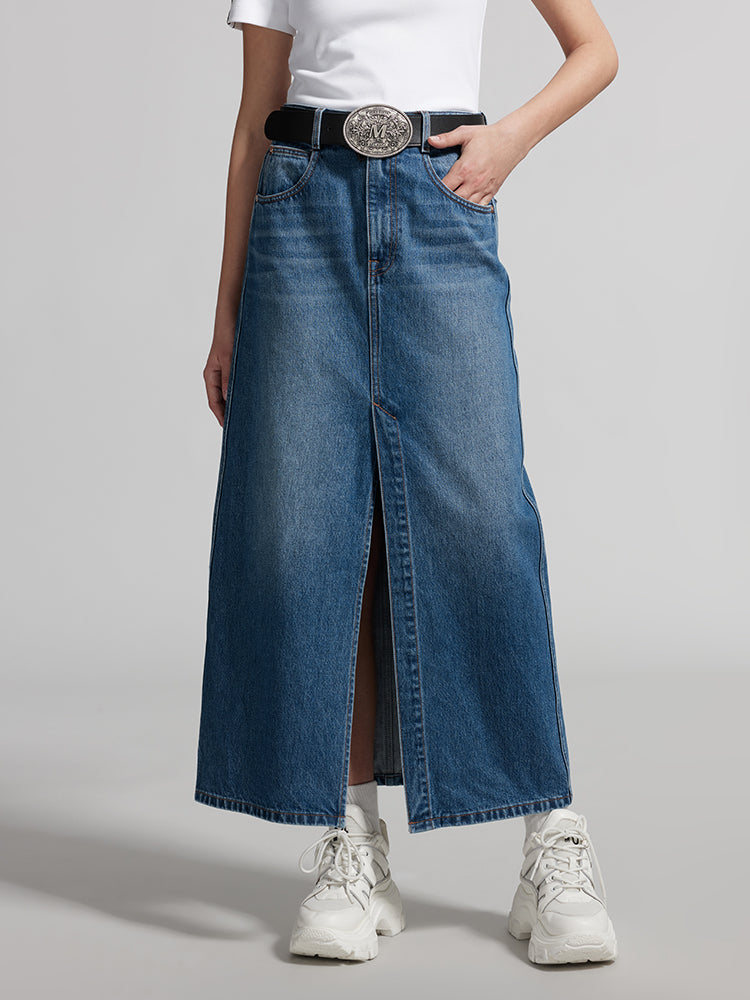 Split-Hem Denim Maxi Skirt