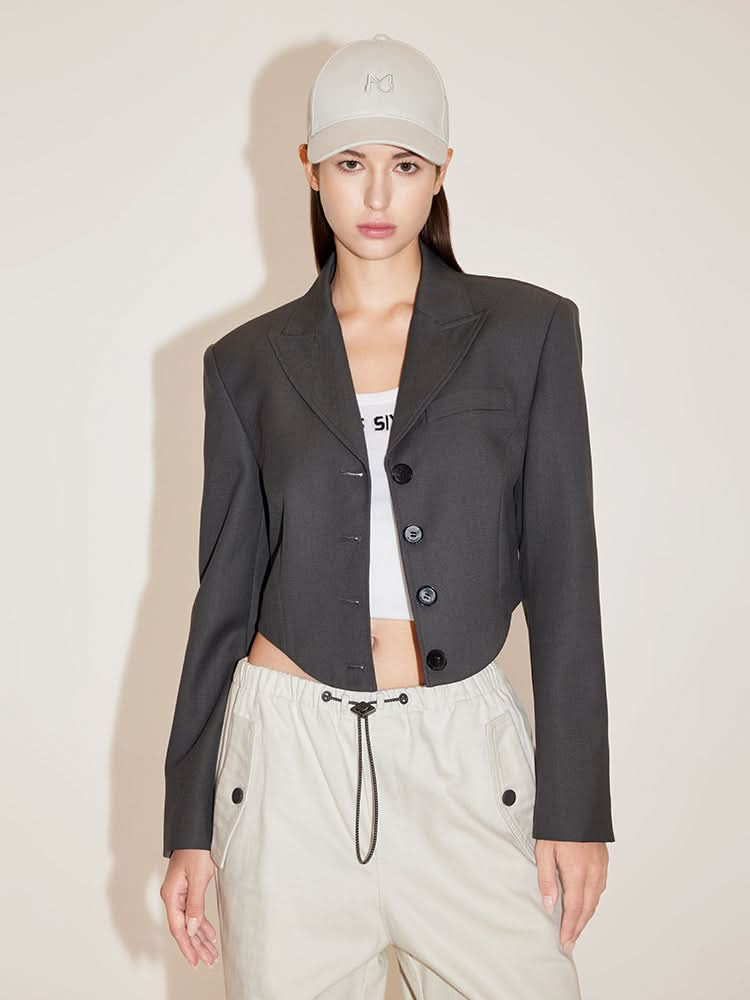 Cropped Jacket With Suit Collar And Shoulder Pads