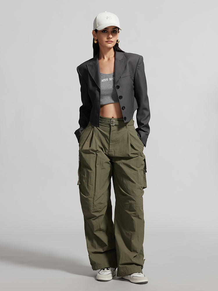 Belted Loose-Fitting Pleated Cargo Pants