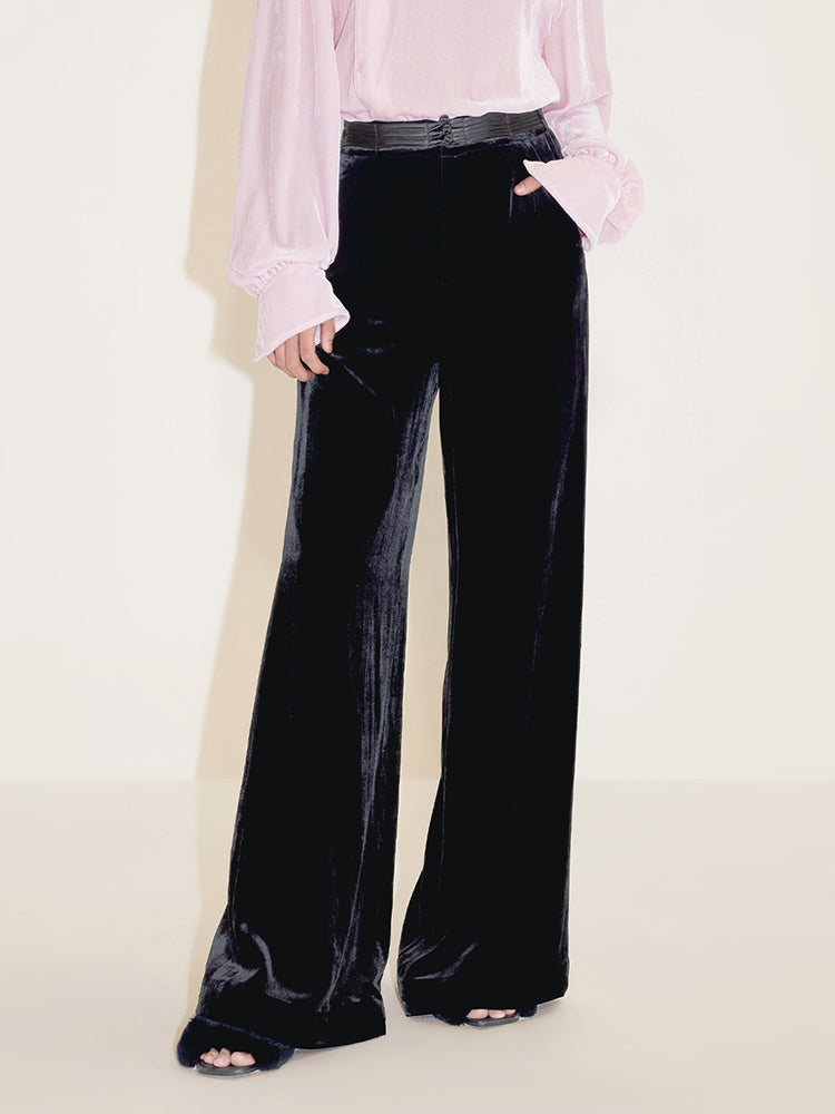 High Waist Velvet Wide Leg Pants With Buckle