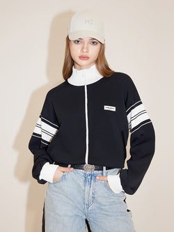 Stand Collar Patchwork Sporty Woolen Jacket