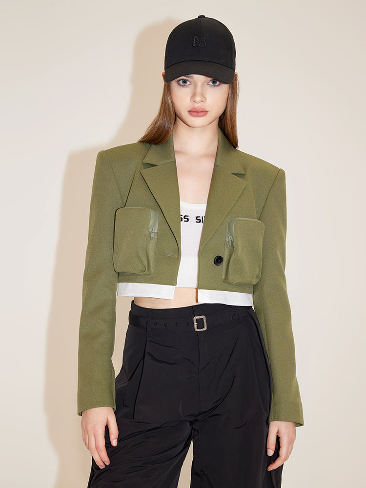 Elegance Cropped Jacket With Shoulder Pads