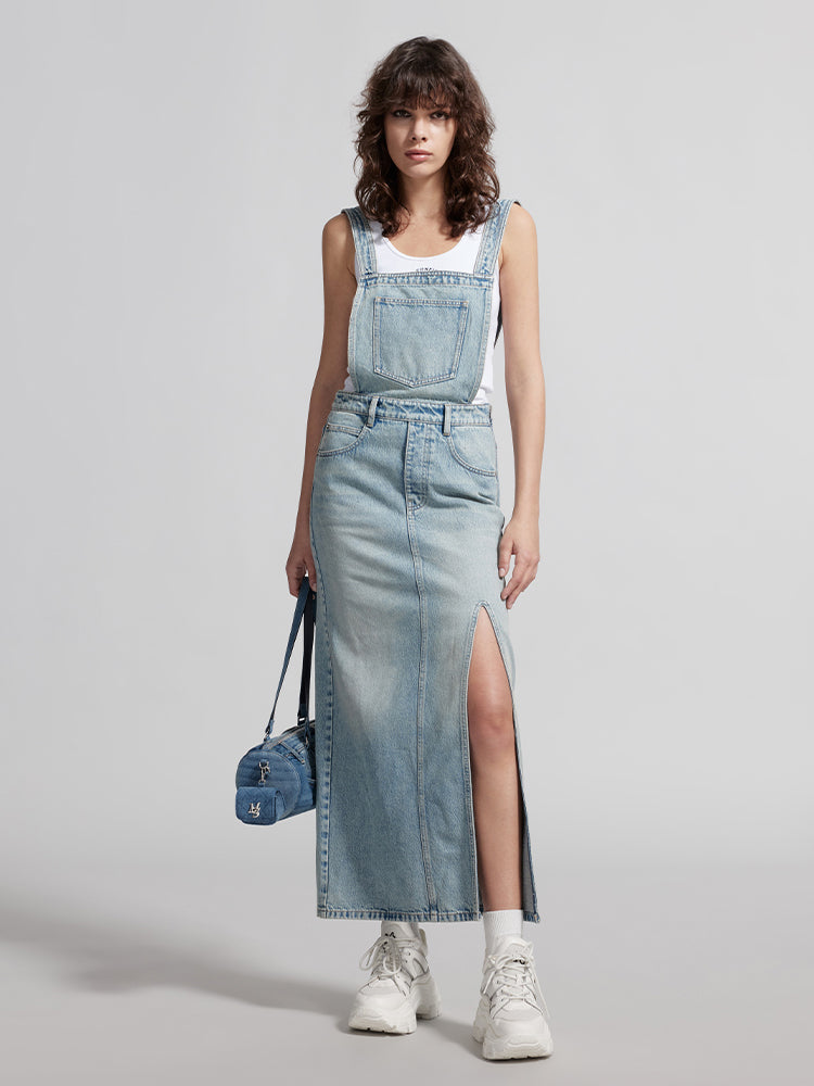 Cargo Style Denim Dress With Straps