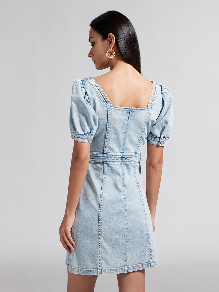 French Style-Square Neck Denim Dress