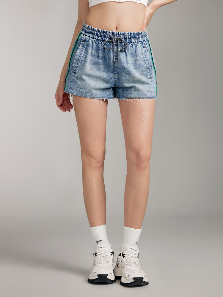 Elastic Waist Colour Contrast Denim Shorts