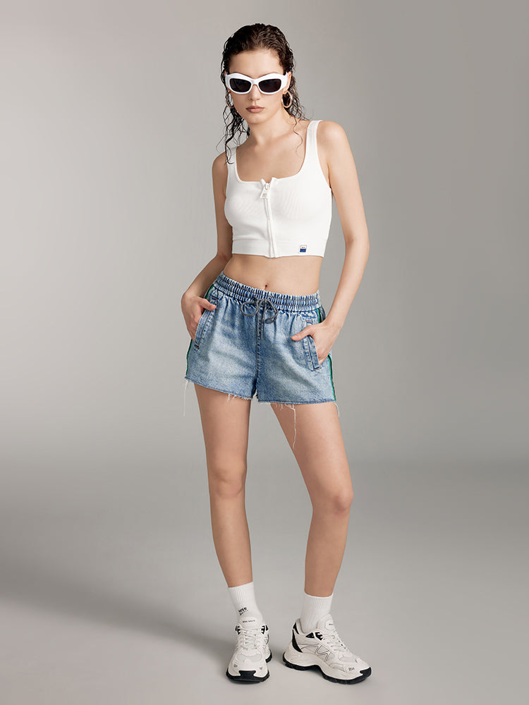 Elastic Waist Colour Contrast Denim Shorts