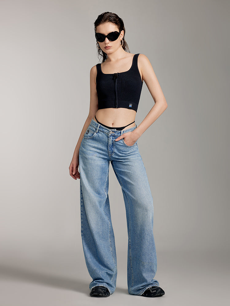 Paneled Waist Straight Fit Jeans