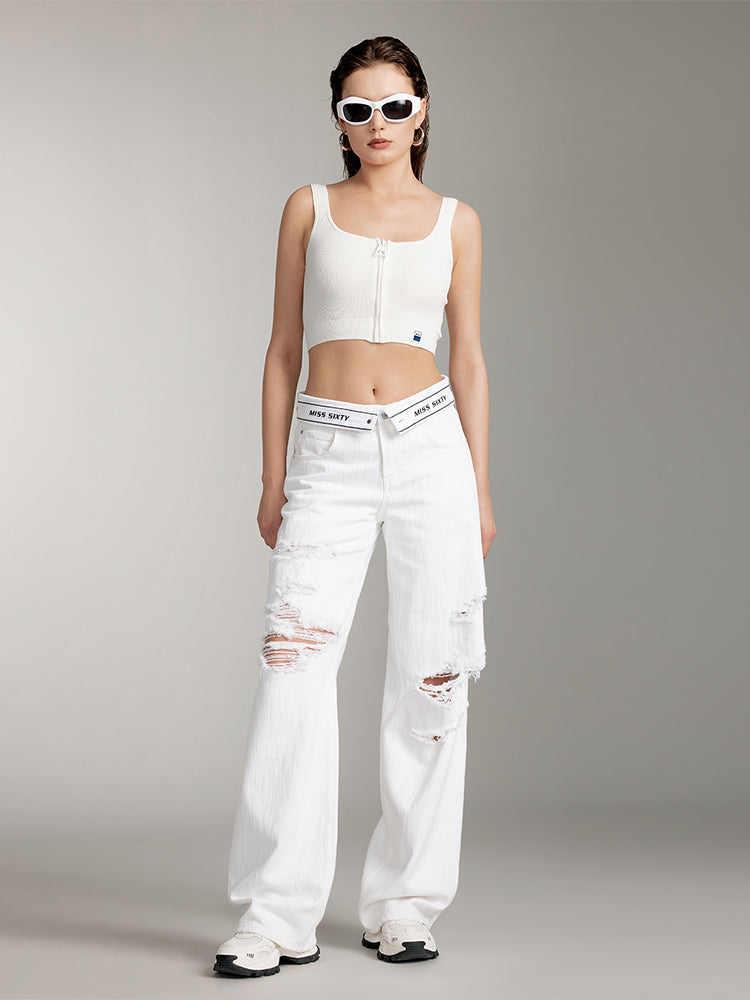 White Folded Waist Ripped Jeans