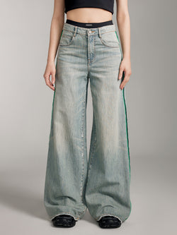 Paneled Waist Colour Contrast Wide Leg Jeans