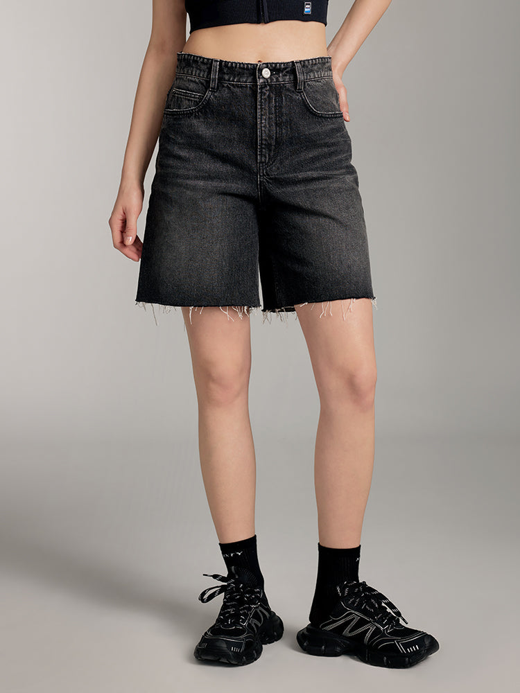 Black High-Waist Ripped Denim Shorts