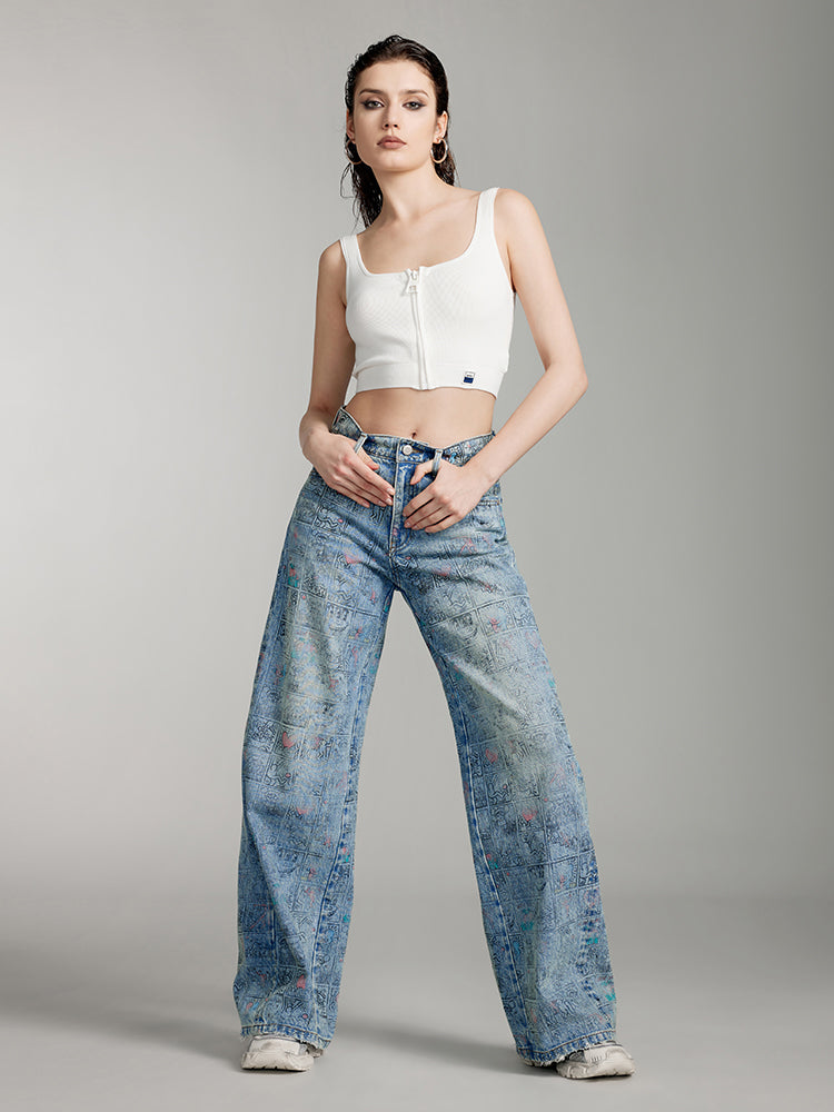 Miss Sixty x Keith Haring Capsule Collection Wide Leg Denim Pant With Print