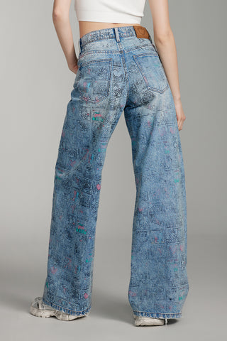 Miss Sixty x Keith Haring Capsule Collection Wide Leg Denim Pant With Print