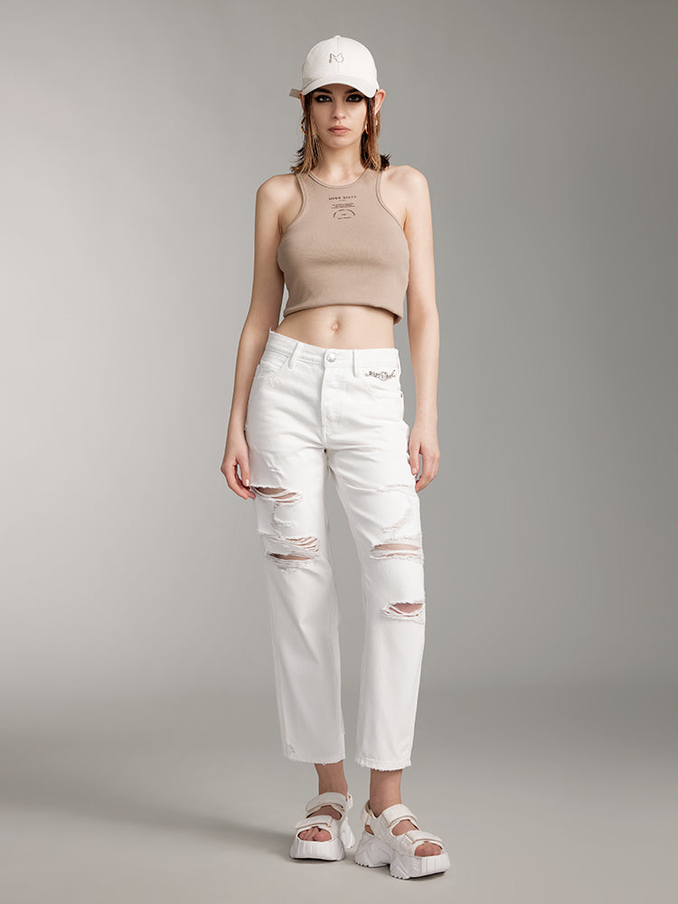 Ripped White Straight Trouser With Crystal Chain