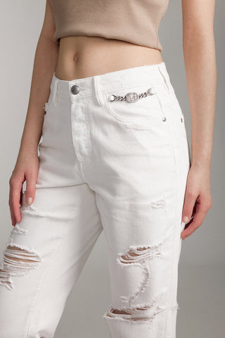 Ripped White Straight Trouser With Crystal Chain