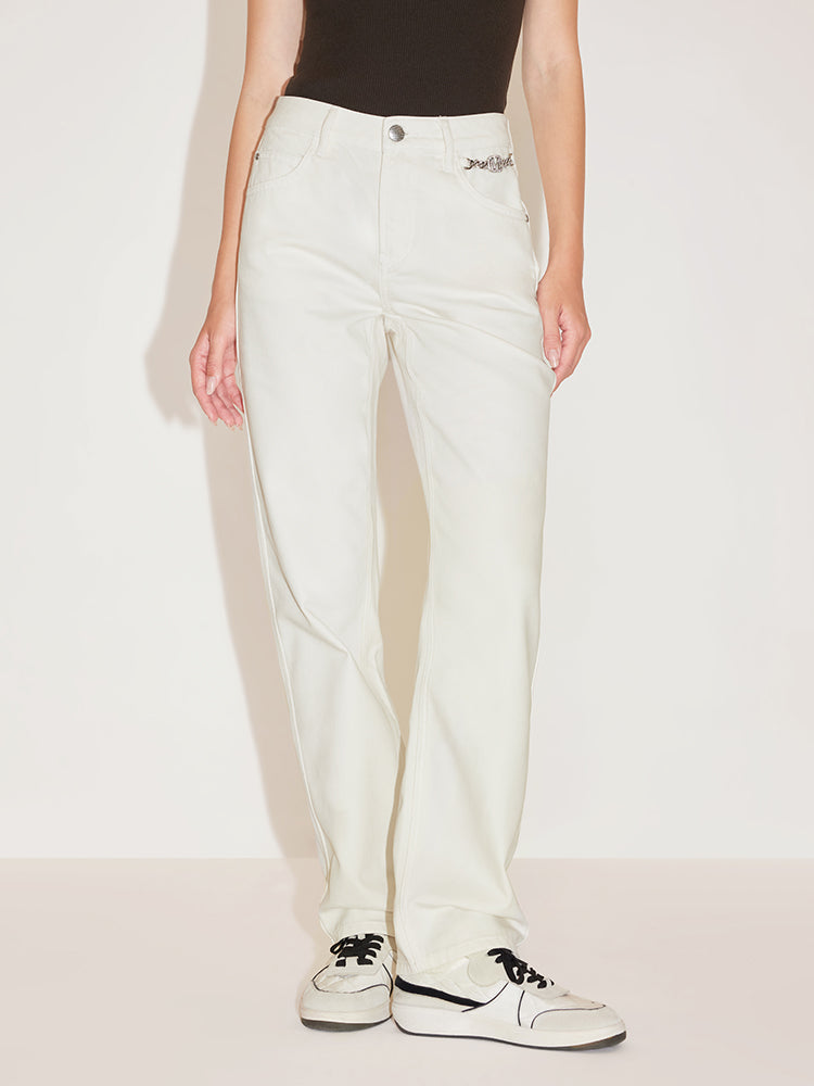 White Straight Pants With Crystal Chain