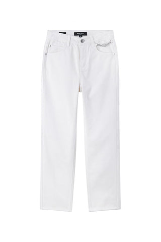White Straight Pants With Crystal Chain