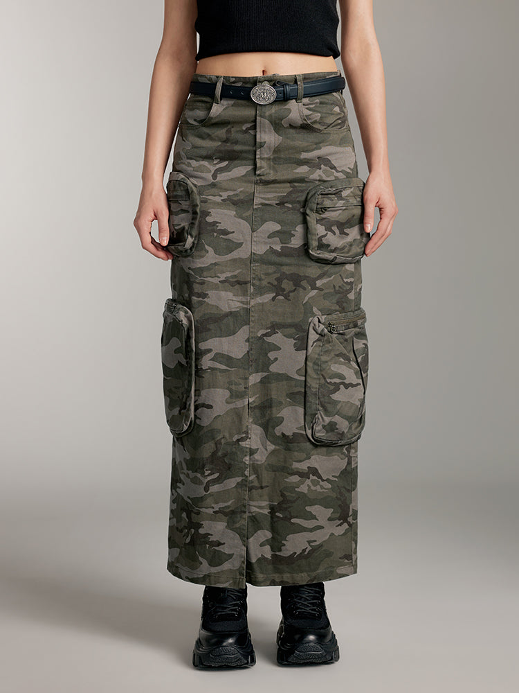 Camouflage Print Slit Straight Skirt