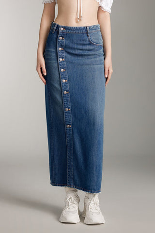 Denim Maxi Skirt With Button