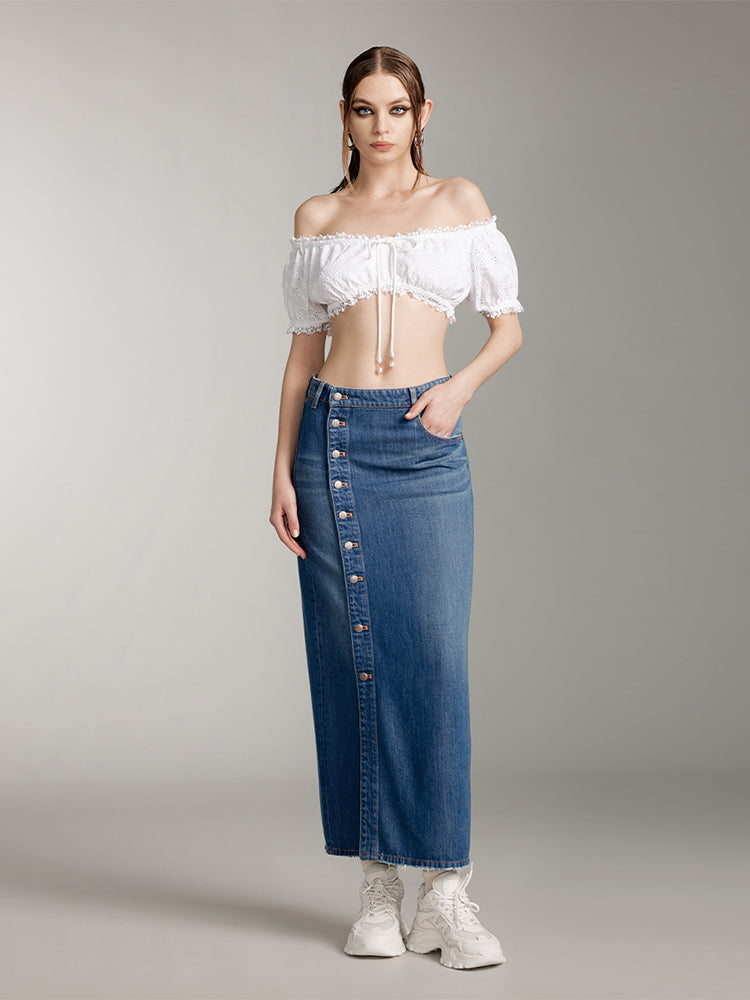 Denim Maxi Skirt With Button