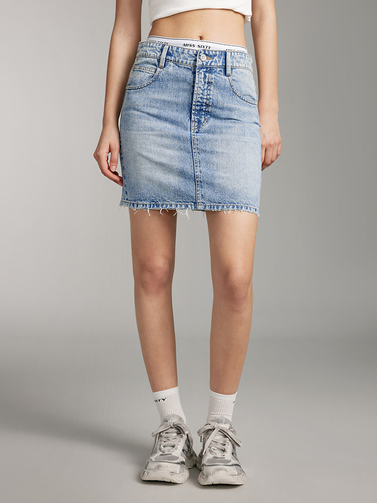 Spliced Double Waist Denim Skirt