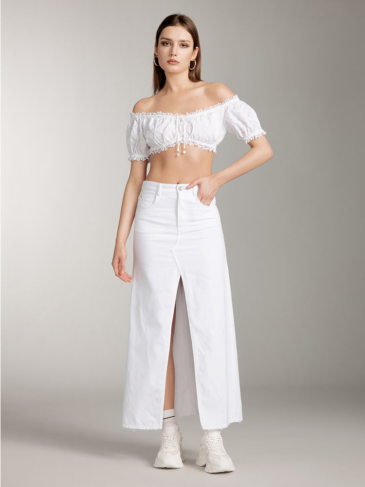 Vintage White Slit Denim Maxi Skirt