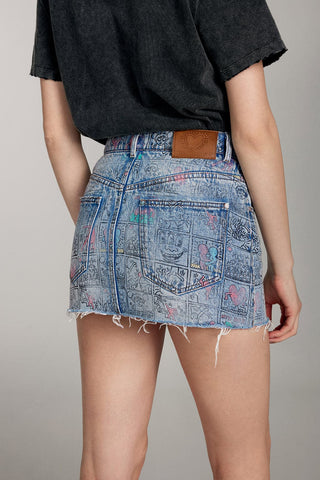 Miss Sixty x Keith Haring Capsule Collection Full Print Denim Mini Skirt
