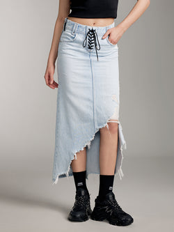 Denim Long Skirt With Asymmetrical Hem