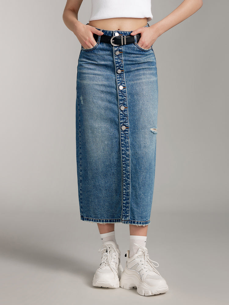 Ripped Denim Maxi Skirt