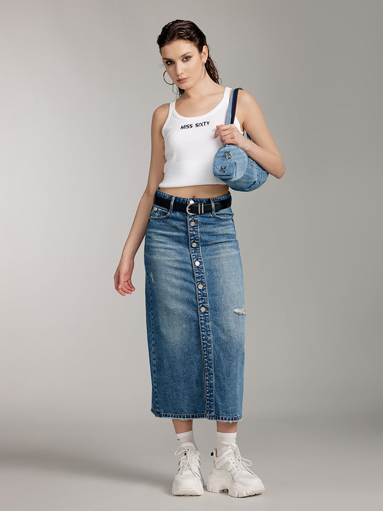 Ripped Denim Maxi Skirt