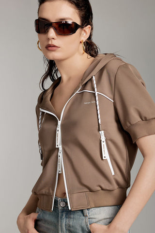 Hooded Double Zipper Cropped Sweatshirt