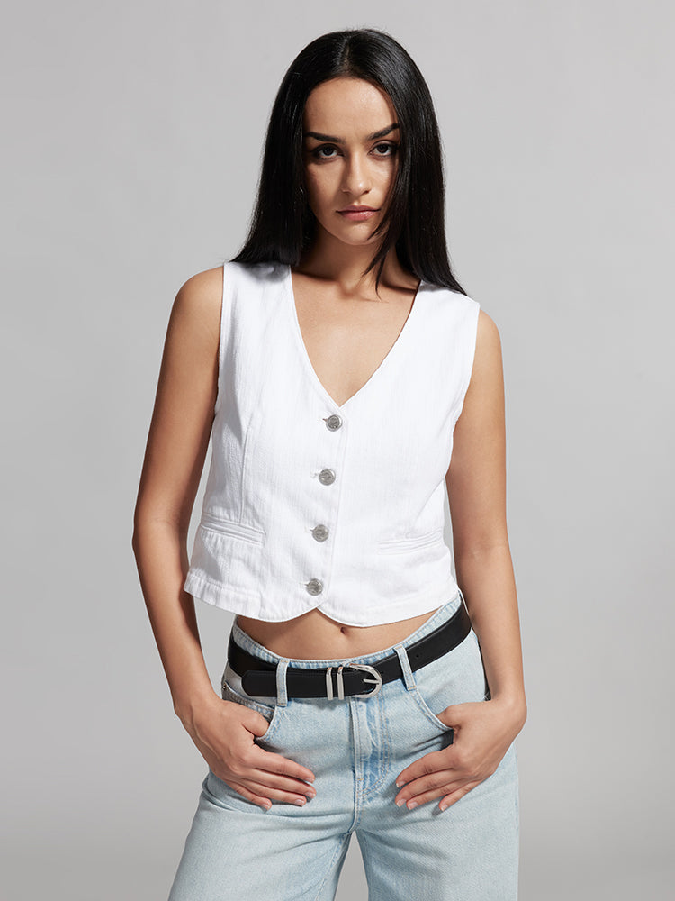 Vintage V-Neck White Denim Vest