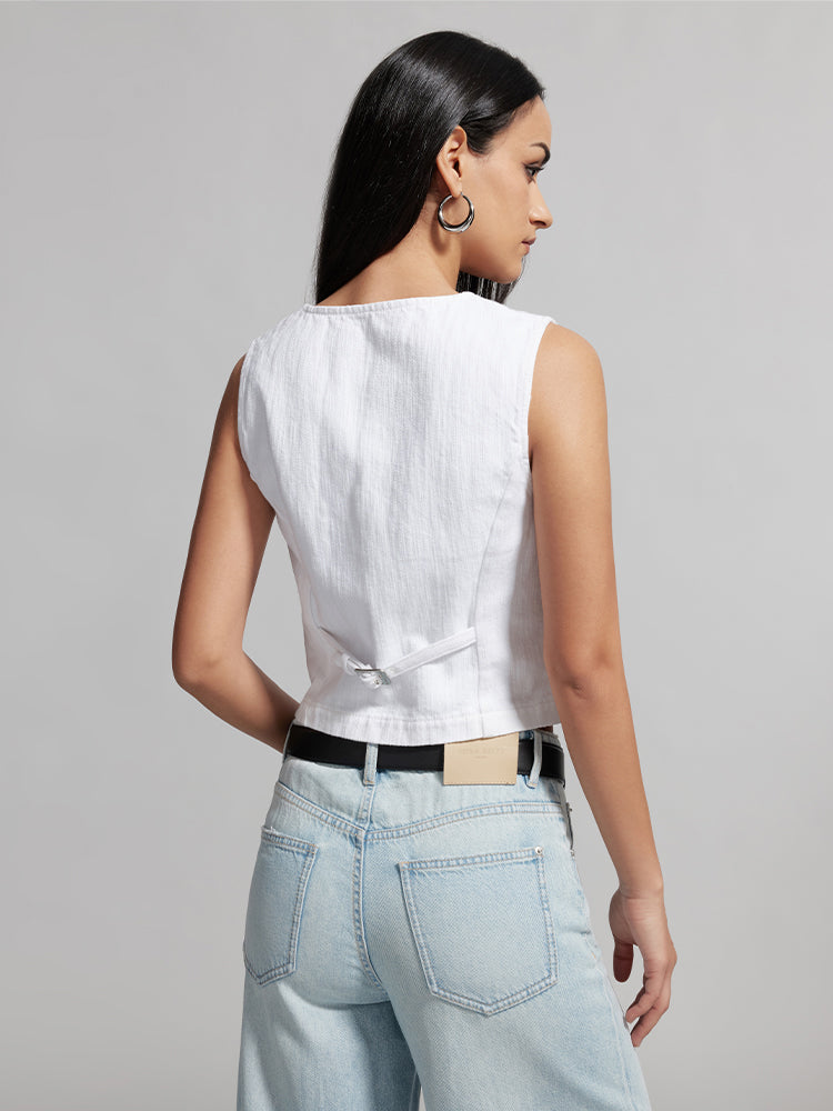 Vintage V-Neck White Denim Vest