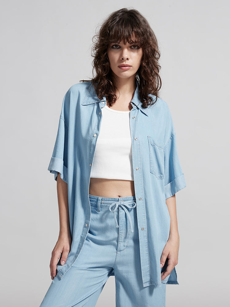 Baby Blue Denim Shirt With Tencel