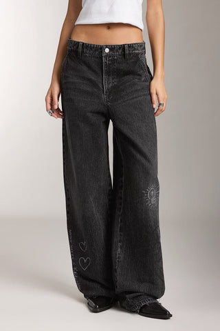 Miss Sixty X Keith Haring Capsule Collection Black Wide Leg Jeans With Printed