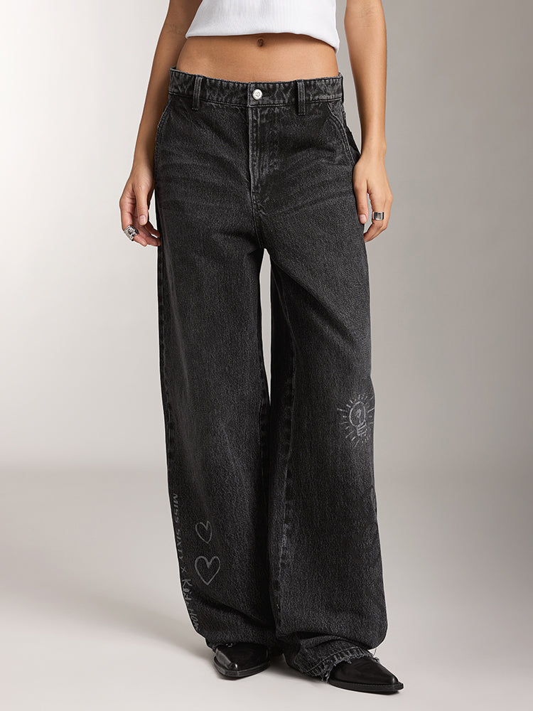 Miss Sixty X Keith Haring Capsule Collection Black Wide Leg Jeans With Printed