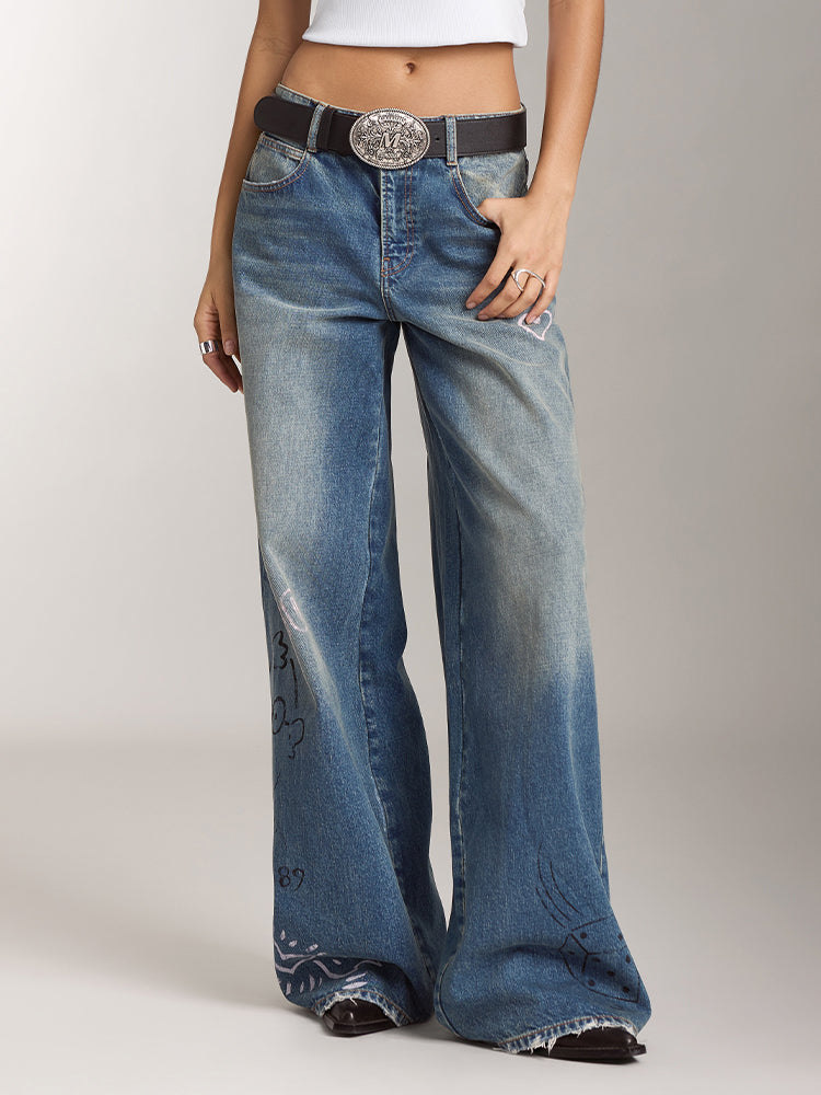 Miss Sixty X Keith Haring Capsule Collection Vintage Distressed Wide-Leg Jeans