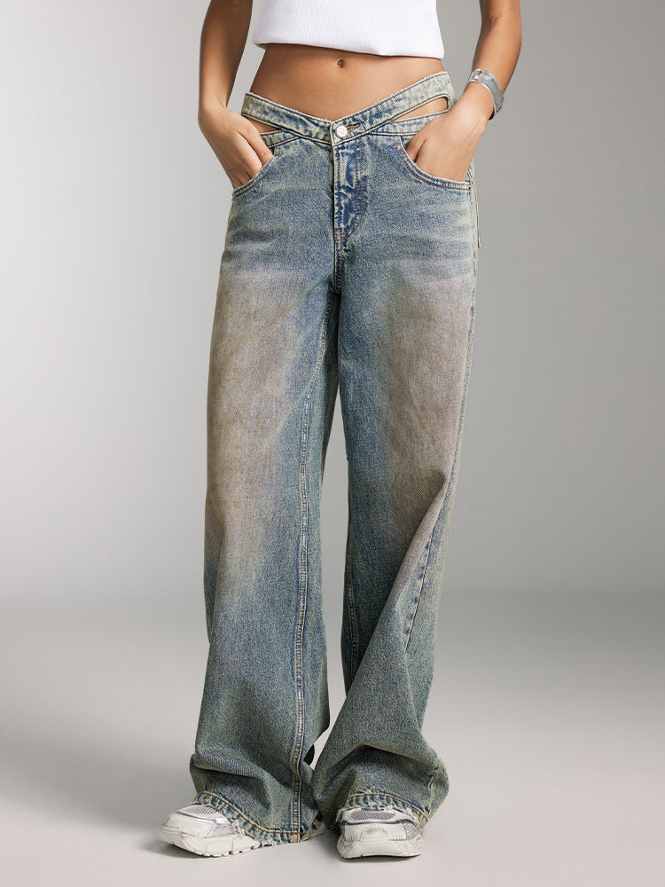 Butterfly Shape Waist Wide Leg Jeans