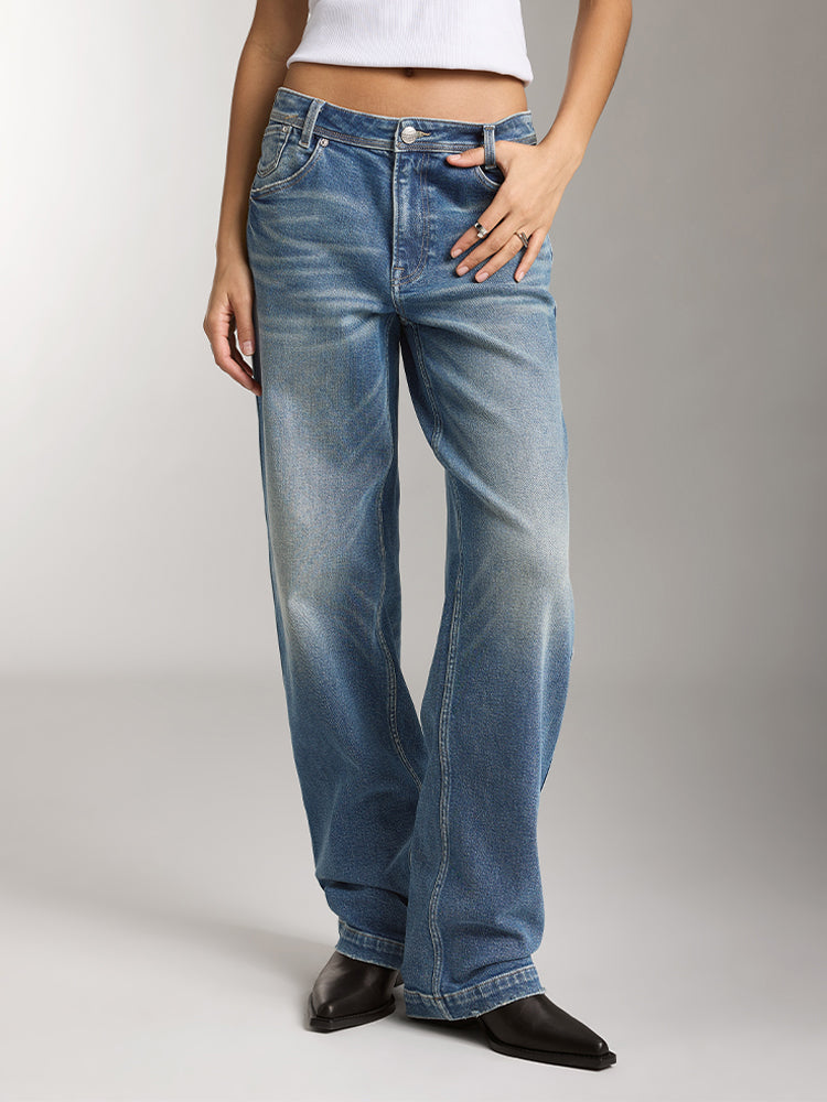 Vintage Denim Blue Washed Straight Fit Jeans