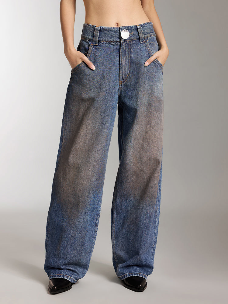 Vintage Washed Distressed Wide-Leg Jeans