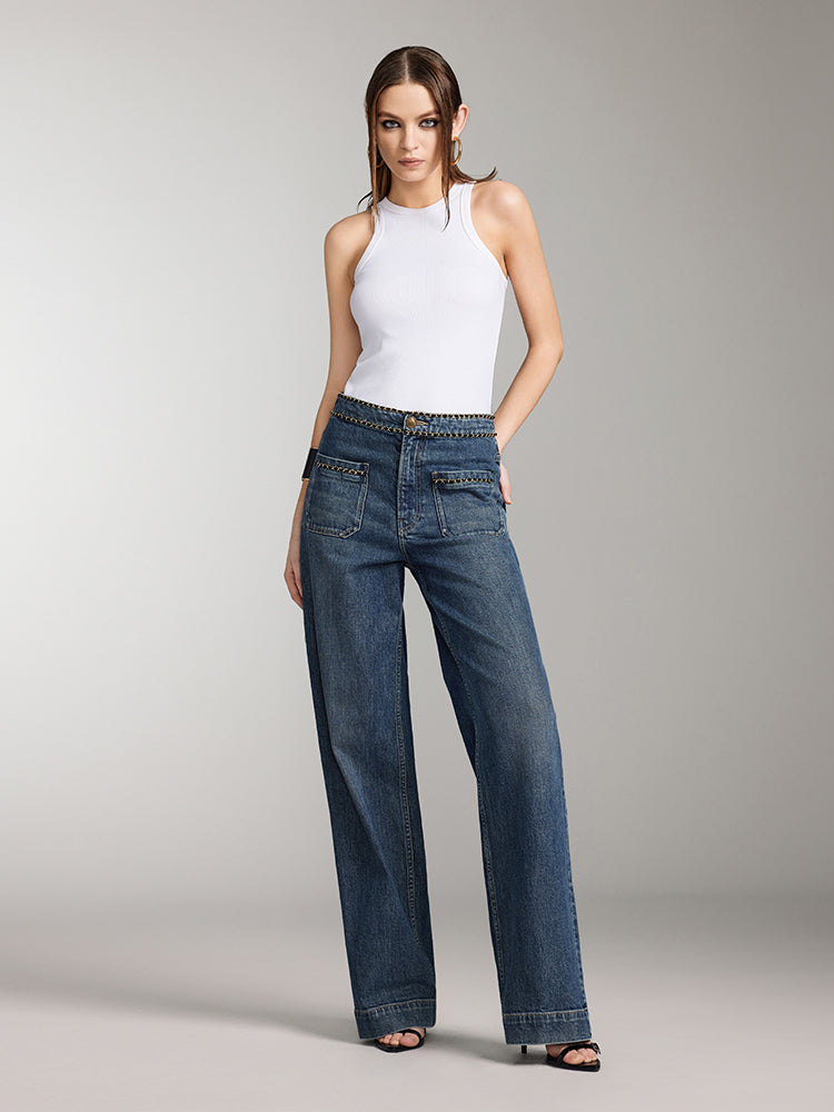 Vintage Straight Fit Jeans With Chain