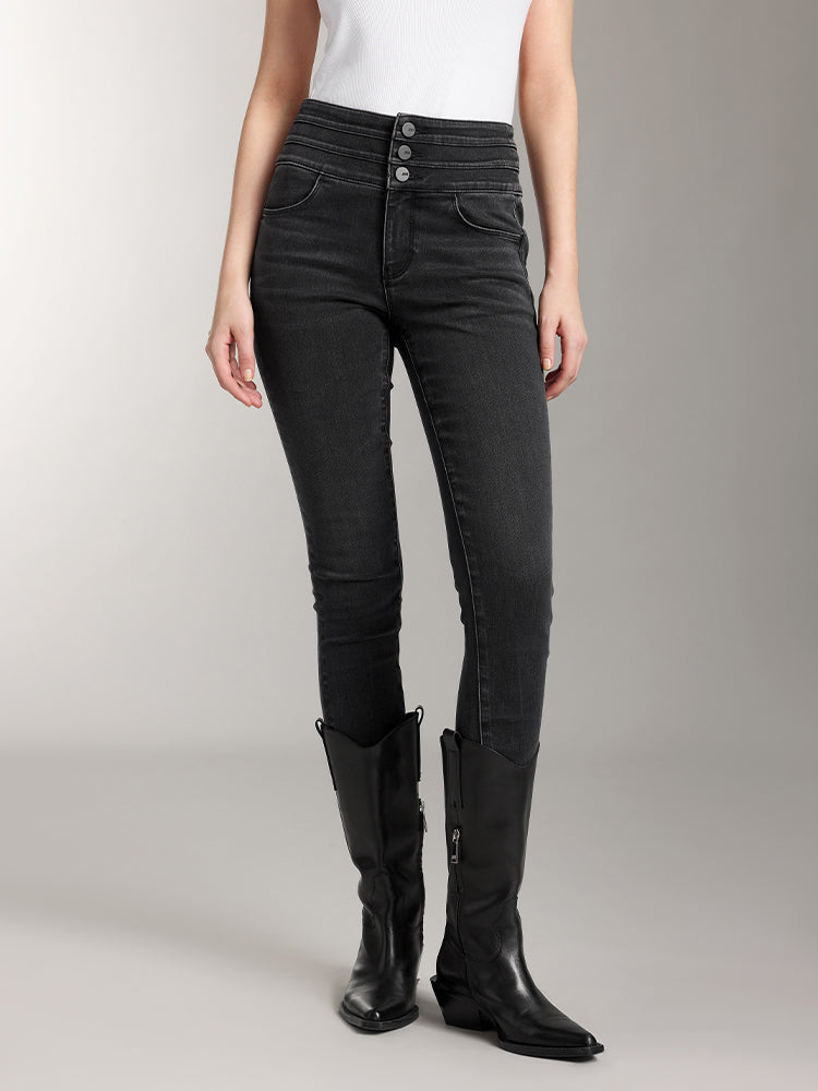 High Waisted Dark Washed Brushed Jeans