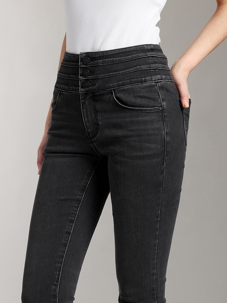 High Waisted Dark Washed Brushed Jeans