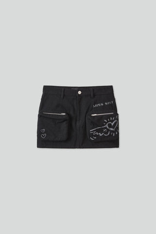 Miss Sixty X Keith Haring Capsule Collection Cargo Style Denim Skirt With Pockets