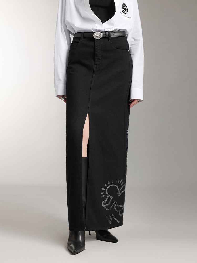 Miss Sixty X Keith Haring Capsule Collection Vintage Black And Gray Denim Maxi Skirt