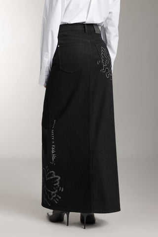 Miss Sixty X Keith Haring Capsule Collection Vintage Black And Gray Denim Maxi Skirt