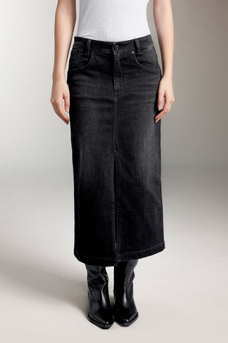 Front Slit Denim Maxi Skirt In Black