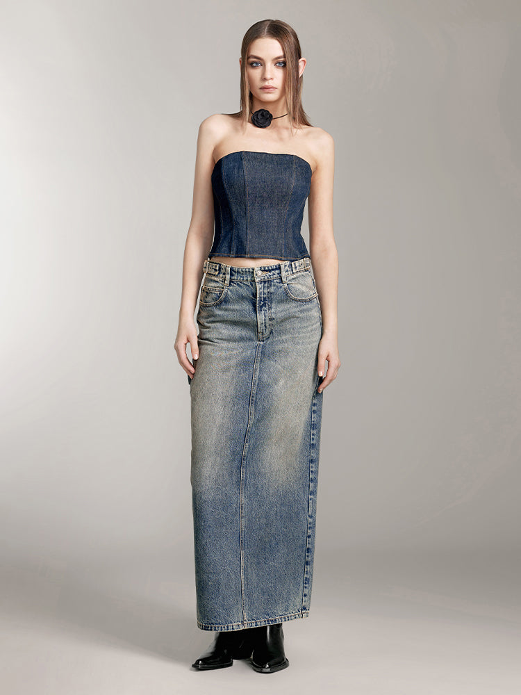 Vintage Slit Denim Maxi Skirt