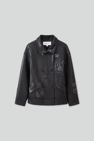 Miss Sixty X Keith Haring Capsule Collection Black Biker Leather Jacket With Printed