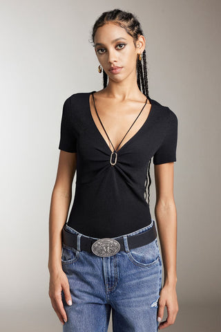 V-Neck Cropped Top With Metal Buttons