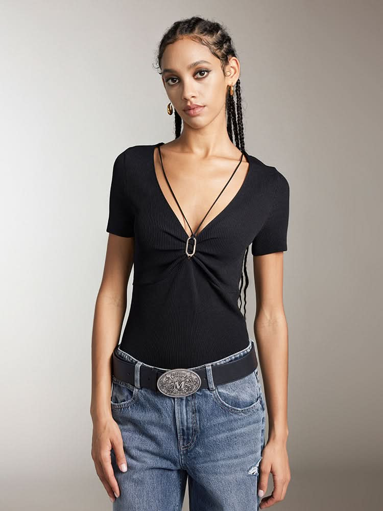 V-Neck Cropped Top With Metal Buttons